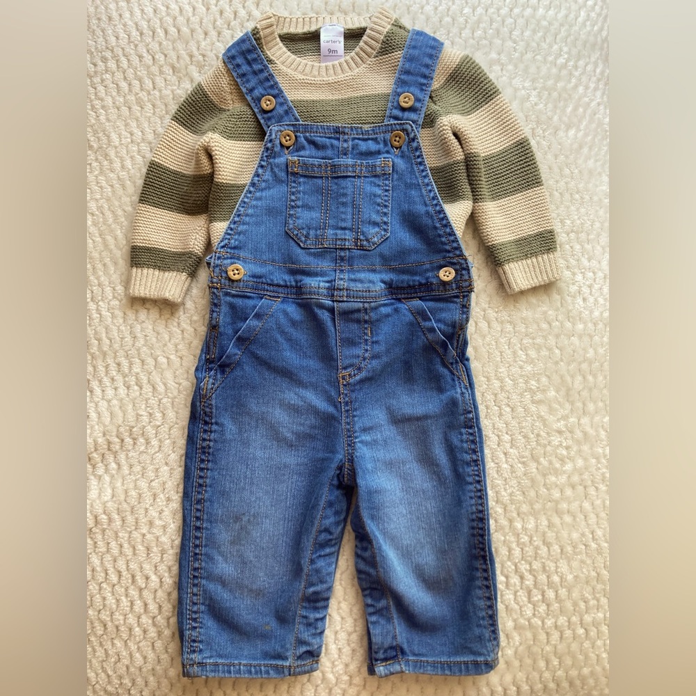 NWOT Carter’s Baby 2-Piece Striped Sweater and Denim Overall Set size 9 months